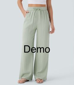 Halara High Waisted Wide Leg Linen-Feel Pants (L;Regular;Pale Aqua)