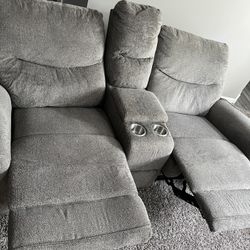 Gray Reclining Loveseat with Cup Holders And 3 Seater Sofa 