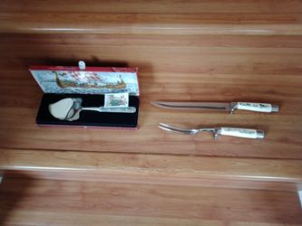 Rear Vintage Henley & Co Knife Carving Set+ Brand New Hardanger Konge Tinn Royal Pewter Cheese Plane Slicer Norway Viking Scenes 