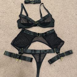 New small black mesh lingerie set garter belt bralette festival rave goth outfit
