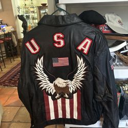 Vintage American Flag Eagle Back Leather Men's Large Biker Jacket