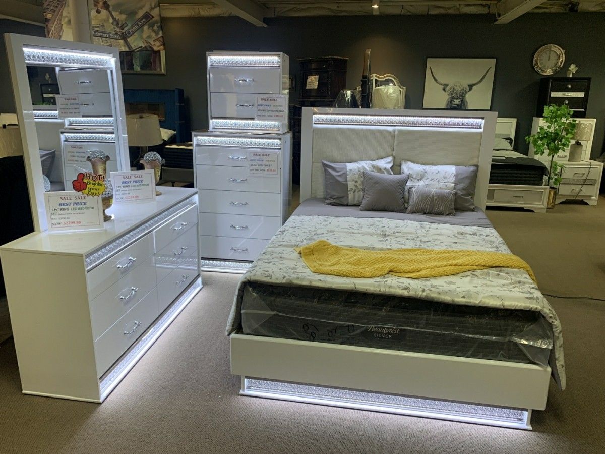 Glam L.E.D. w/ Fabric Upholstered Headboard Set $10 down