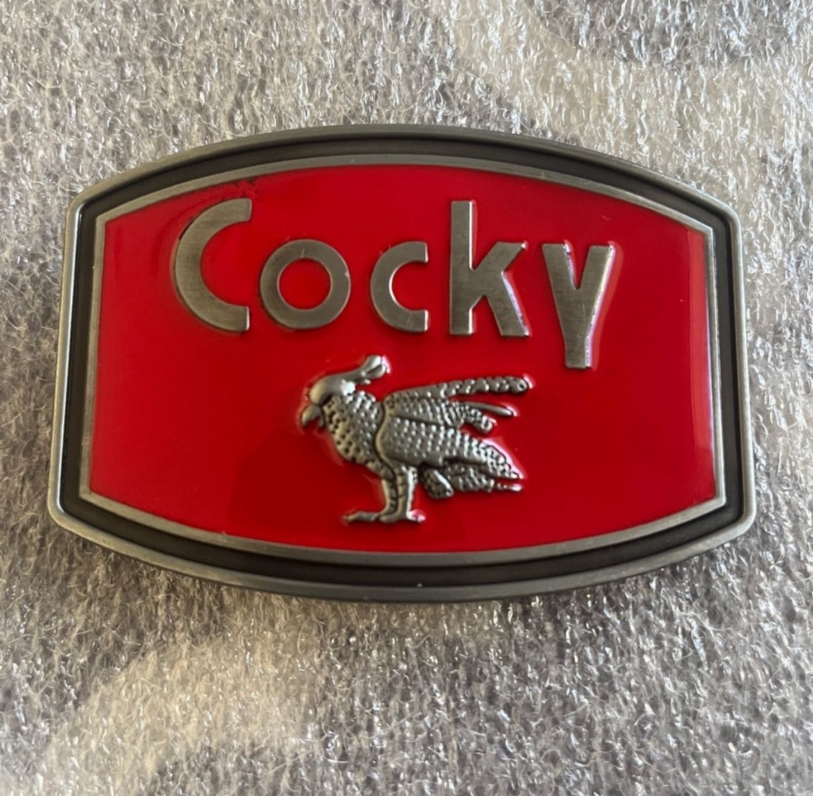 New red and silver Cocky Belt Buckle Rooster Western