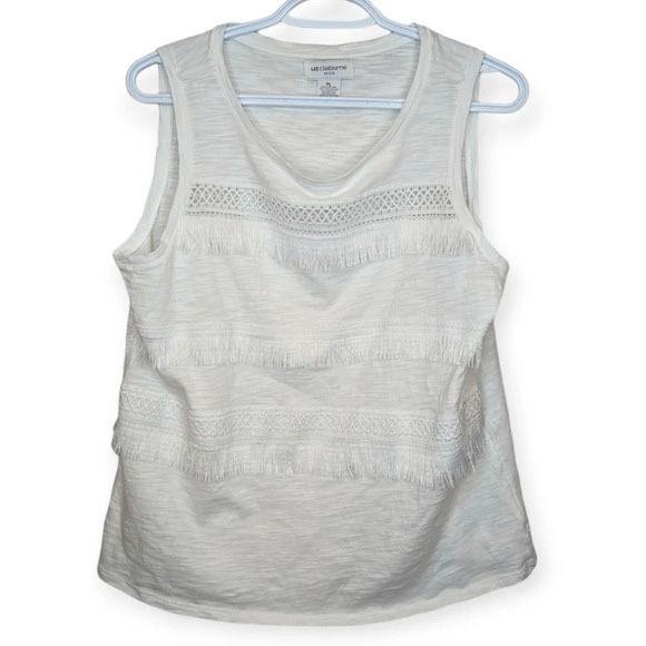 Liz Claiborne Petite White Sleeveless Cotton Blend Fringed Tank Top PL