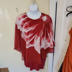 Women's Red and White Floral-Print Flowing Top SIZE Xl