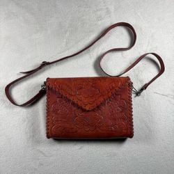 Vintage Mexican Hand Tooled Red Leather Handbag Purse Crossbody Boho Purse Y2K