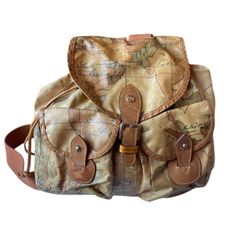 RARE Filasse ALVIERO MARTINI Classe Geo Map Bag Leather Backpack Purse Italy