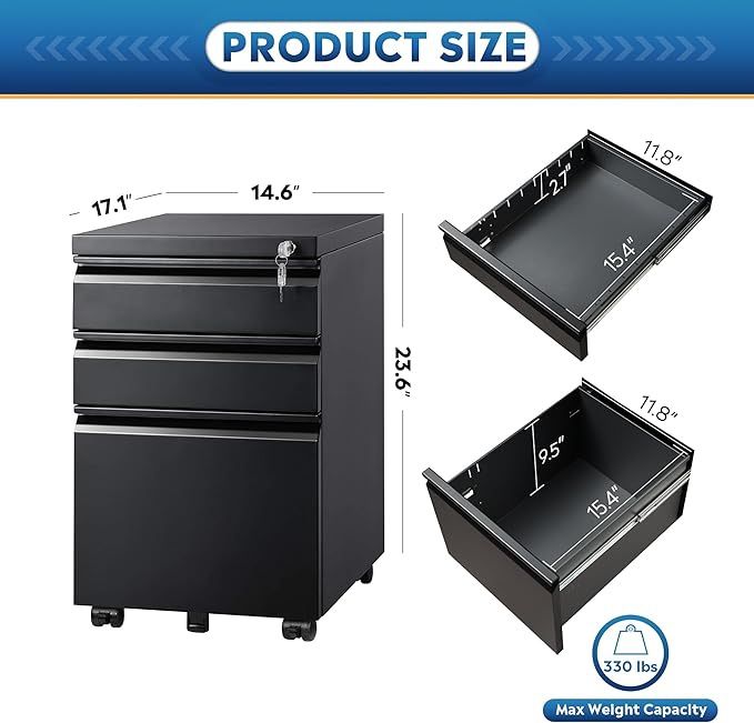 3 Drawer Mobile File Cabinet with Lock, Under Desk Metal Filing Cabinet for Home Office/Legal/Letter/A4 File, Fully Assembled Except Wheels, Black