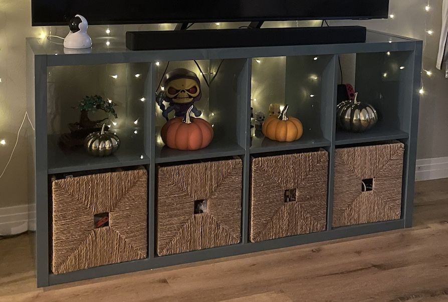Vintage Ikea EXPEDIT (old version of KALLAX) teal bookcase / TV stand AND 4 KNIPSA storage bins