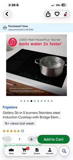 NEW FRIDGIDARE GALLERY 36” INDUCTION ELECTRIC COOKTOP WITH A FACTORY WARRANTY 7/18/26