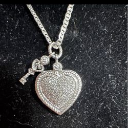 Key Heart Pave Diamond Sterling Silver Necklace 18"