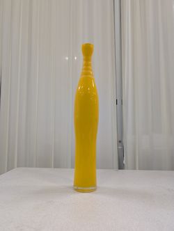 Tall Yellow Glass Vase with a Ribbed Neck