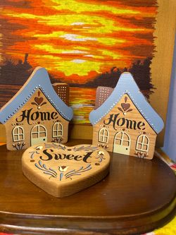 vintage cottage core 3-piece hand-painted wooden "Home Sweet Home" wall plaque