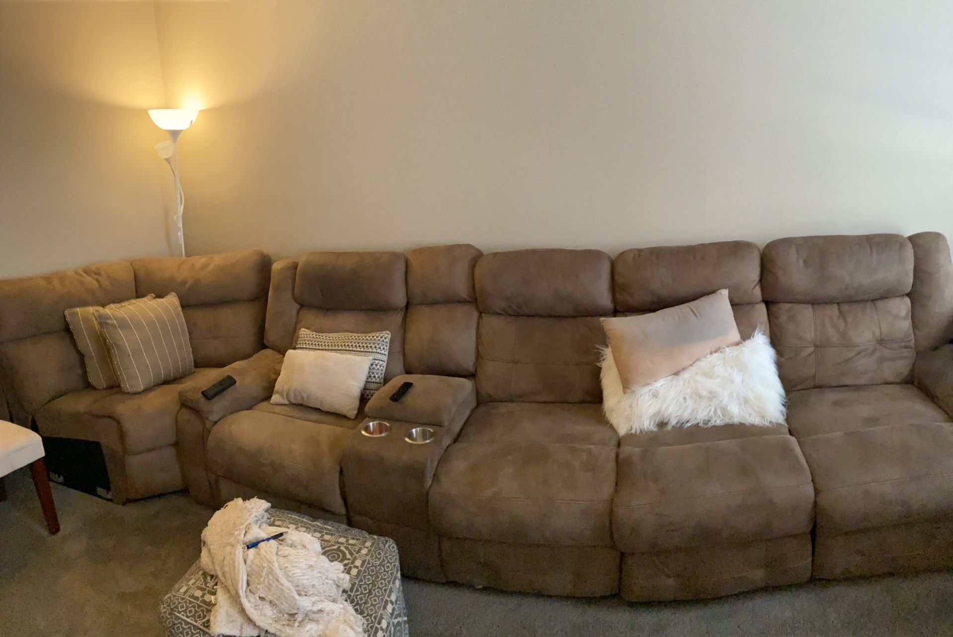 Tan leather sectional couch