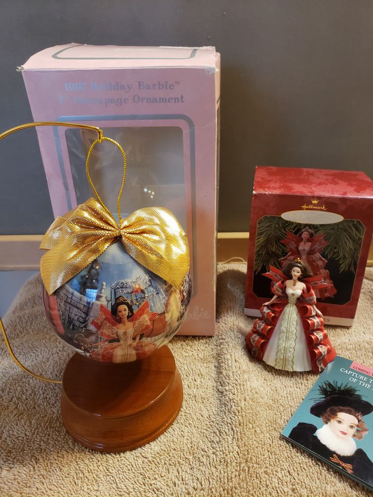 2 1997 Barbie Ornaments: Decoupage Ornament w/ stand and Hallmark Red Dress