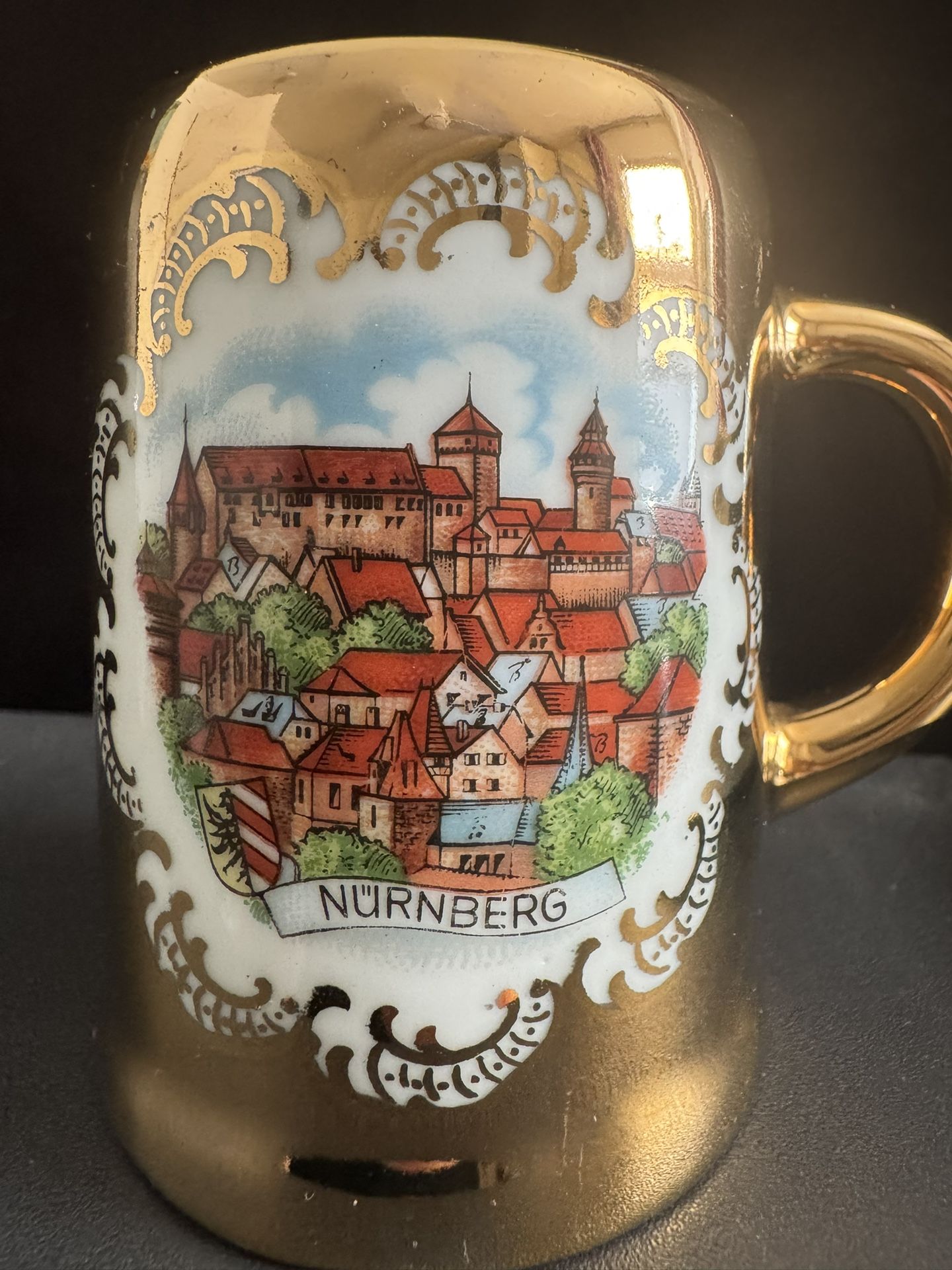 Vintage 70’s Mini German Beer Stein Porcelain Gold Mug