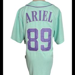 Disney Parks 2025 Disneyland Little Mermaid ARIEL 89 Baseball Jersey Adult XS, button up, made china,  100% polyester, unisex, sleeve 10”, armpit 21”,