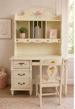 Beautiful Vintage Cottage Girls Desk, Hutch & Matching Chair – Solid Wood