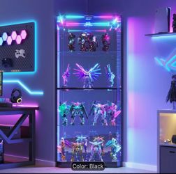 Black Display Cabinet with Glass Doors, 64.7" Tall Curio Cabinet with RGB Lights