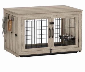Piskyet Wooden Dog Crate Furniture with 360°Rotatable Removable Dog Bowls, Upgraded Sturdy Door Lock, Easy-to-clean Tray, Modern Furniture-style Desig