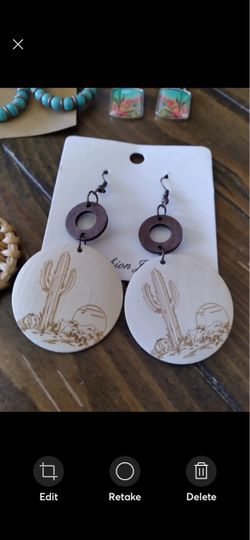 Cute Ivory Boho Super light wooden cactus etched scene earrings