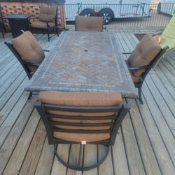 Large Rectangle Heavy Stone Patio Table With 2 Swivel And  2 Standard Chairs And 8 Cushions With Storage Box