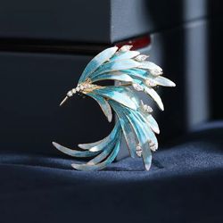 Blue Enamel Wing Brooch with Crystal Accents