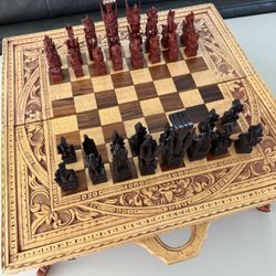 Vintage Hand Carved Balinese Chess ♟️ & Backgammon Set