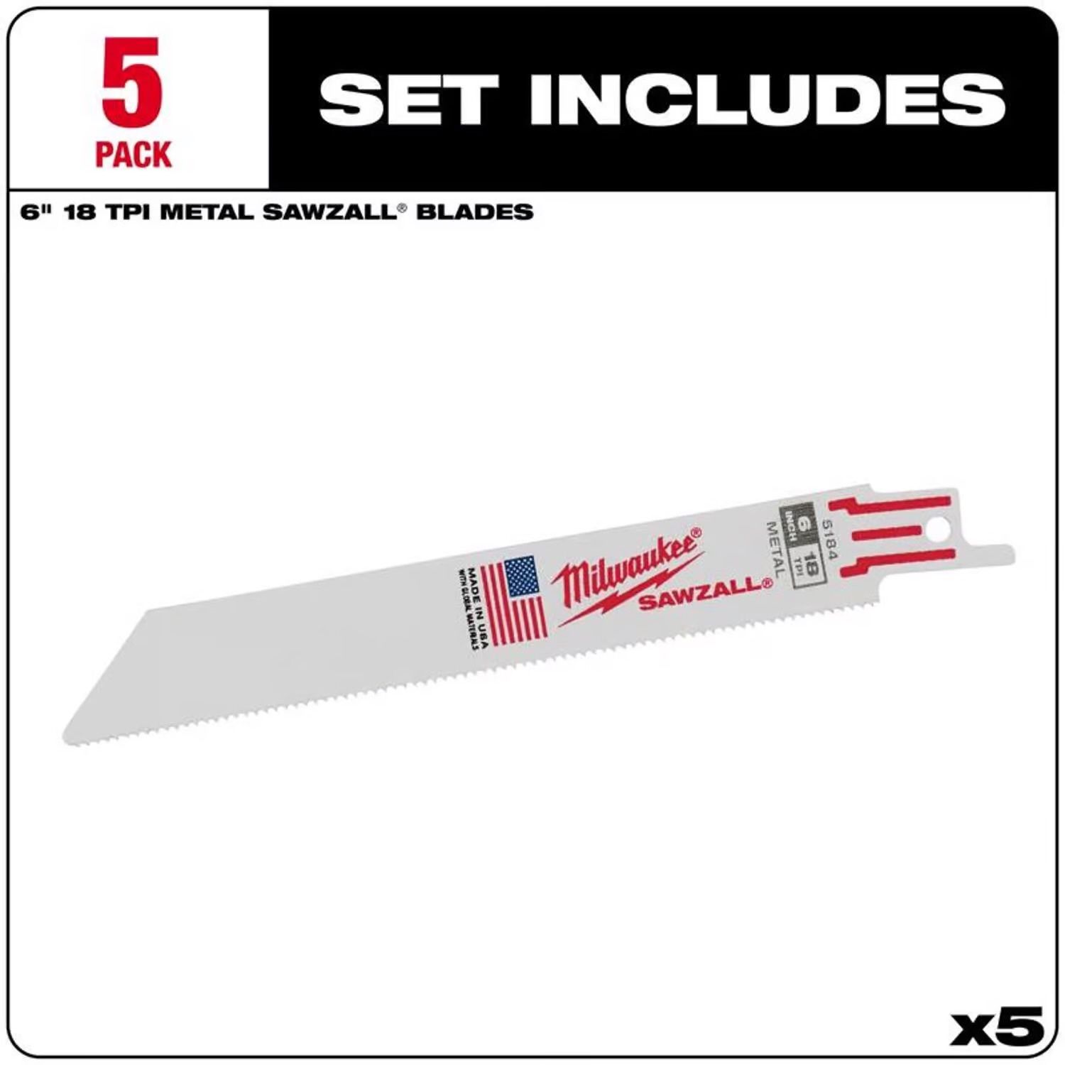Milwaukee Thin Kerf Metal-Cutting Sawzall Blades, 5-Pk., 6in. Length, 18 TPI,