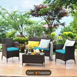 Brand new 4PCS Rattan Patio Ourdoor Furniture Set Cushioned Sofa Chair Coffee TableTurquoisel