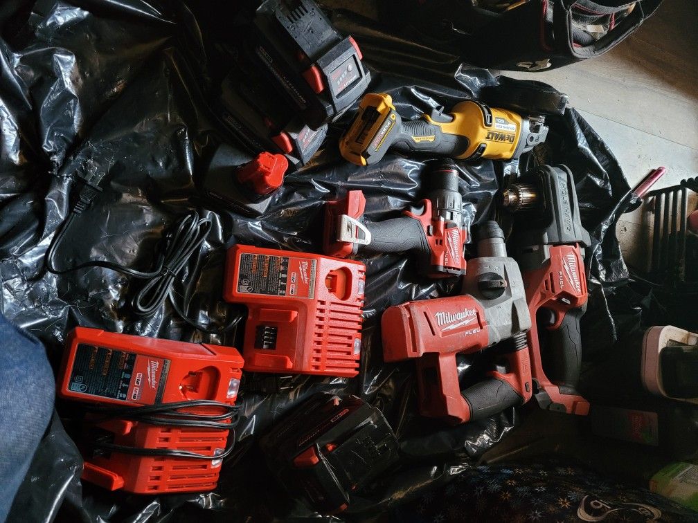 Milwaukee Fuel Tools Rotary Hammer, Hole Hawg , Compact Drill, Battery Chargers, Batteries n Dewalt 60v Grinder