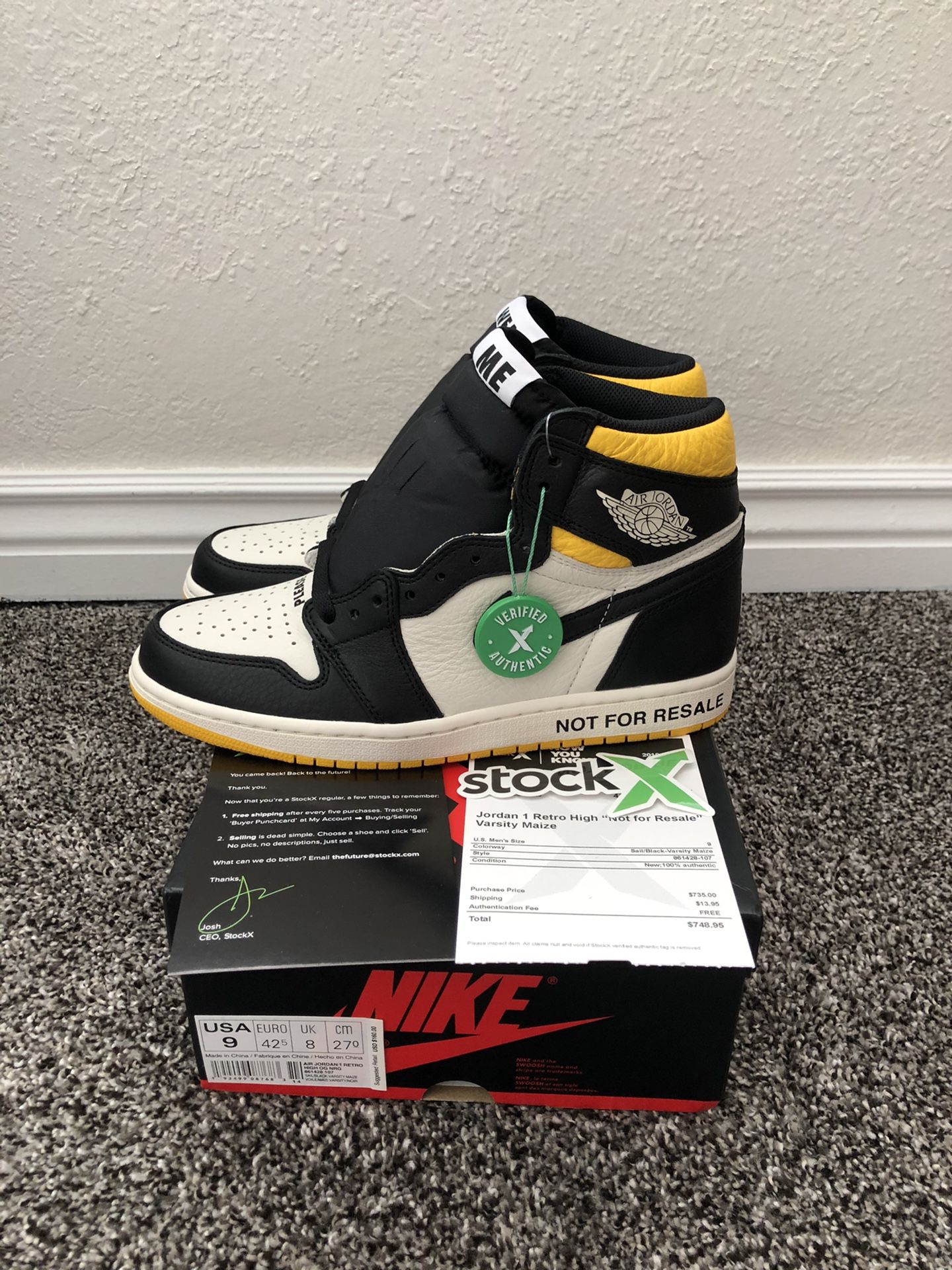 Air Jordan 1 “Not For Resale” (Maize) Size 9 w/ Receipt