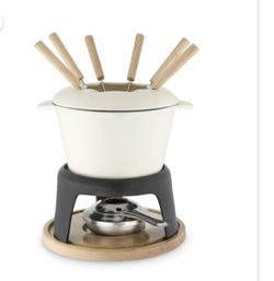 Hierro Fundido Esmaltado con Olla para Derretir Queso, Soporte de Metal con Tenedores de Acero Inoxidable y