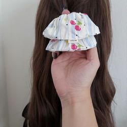 Cream and blue color cute cherry scrunchie