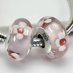 2 Charms For Pandora Hibiscus Murano 925 Sterling Silver Cores 