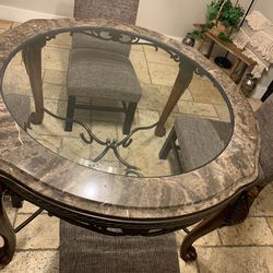 Elegant Marble Glass Top Table with Wood Legs & Fancy Metal Design 