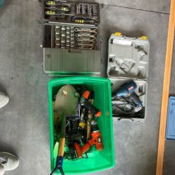 Tub Of Hand Tools And Corded Drill