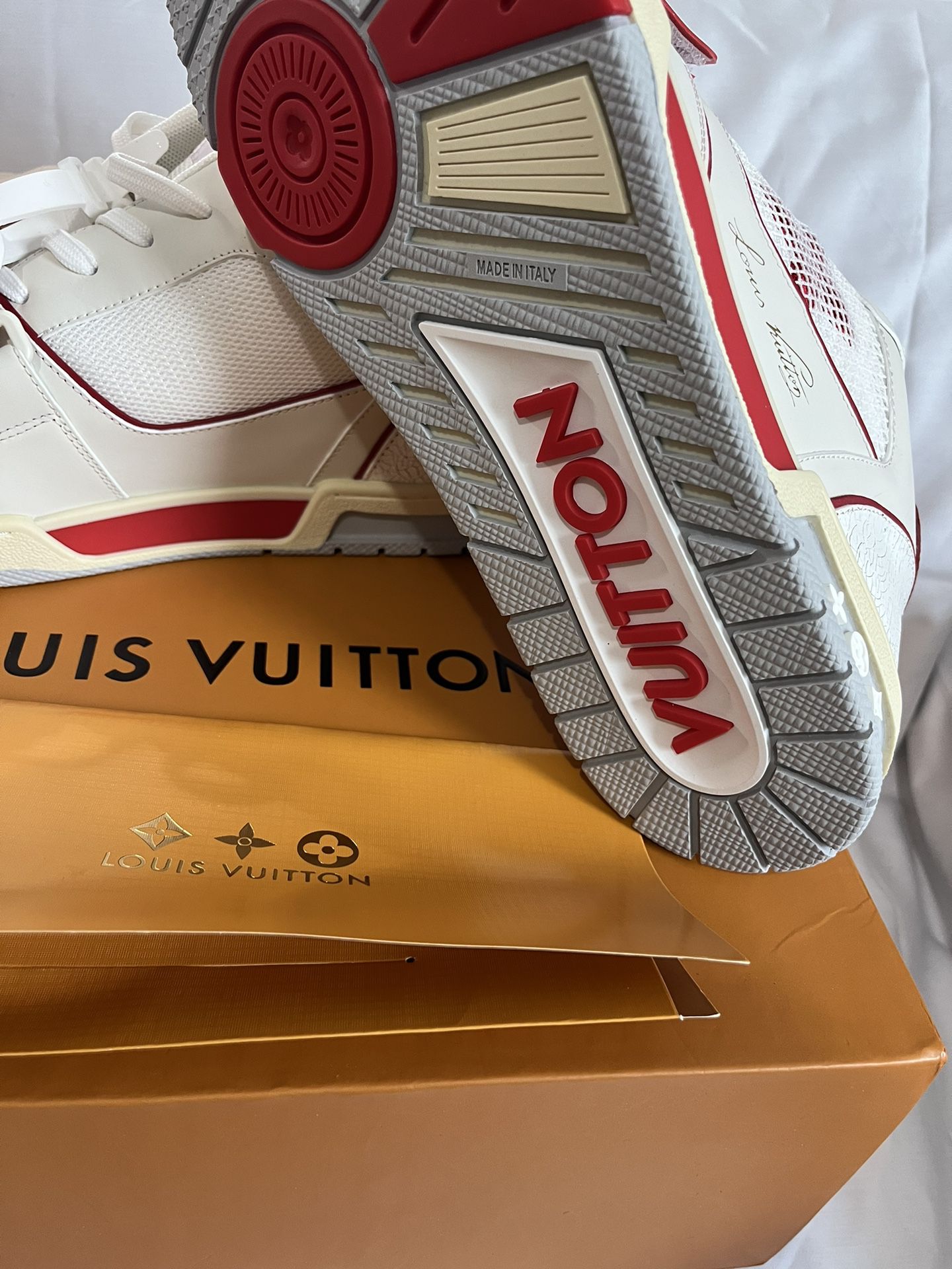 New Louis Vuitton RED/White Velcro strap Mono Trainer Sneakers (Euro 44 / men's 10-11) for Sale in Valley Stream, NY - OfferUp