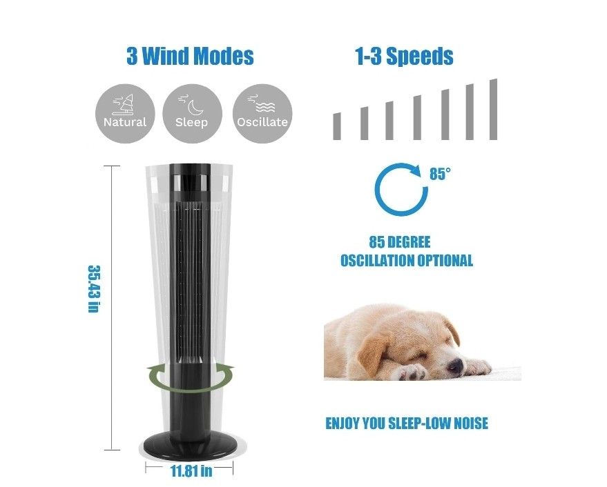 Antarctic Star Tower Fan Portable Electric Oscillating Fan Quiet Cooling Remote Control Standing Bladeless Floor Fans 3 Speeds Wind Modes Timer Bedroo