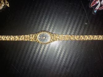Vintage 10k Gold Elgin Ladies Gold Nugget Watch Black Dial Genuine Diamond Accent