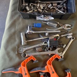 Tool box, Pony clamps & assorted tools. Over 30 pieces