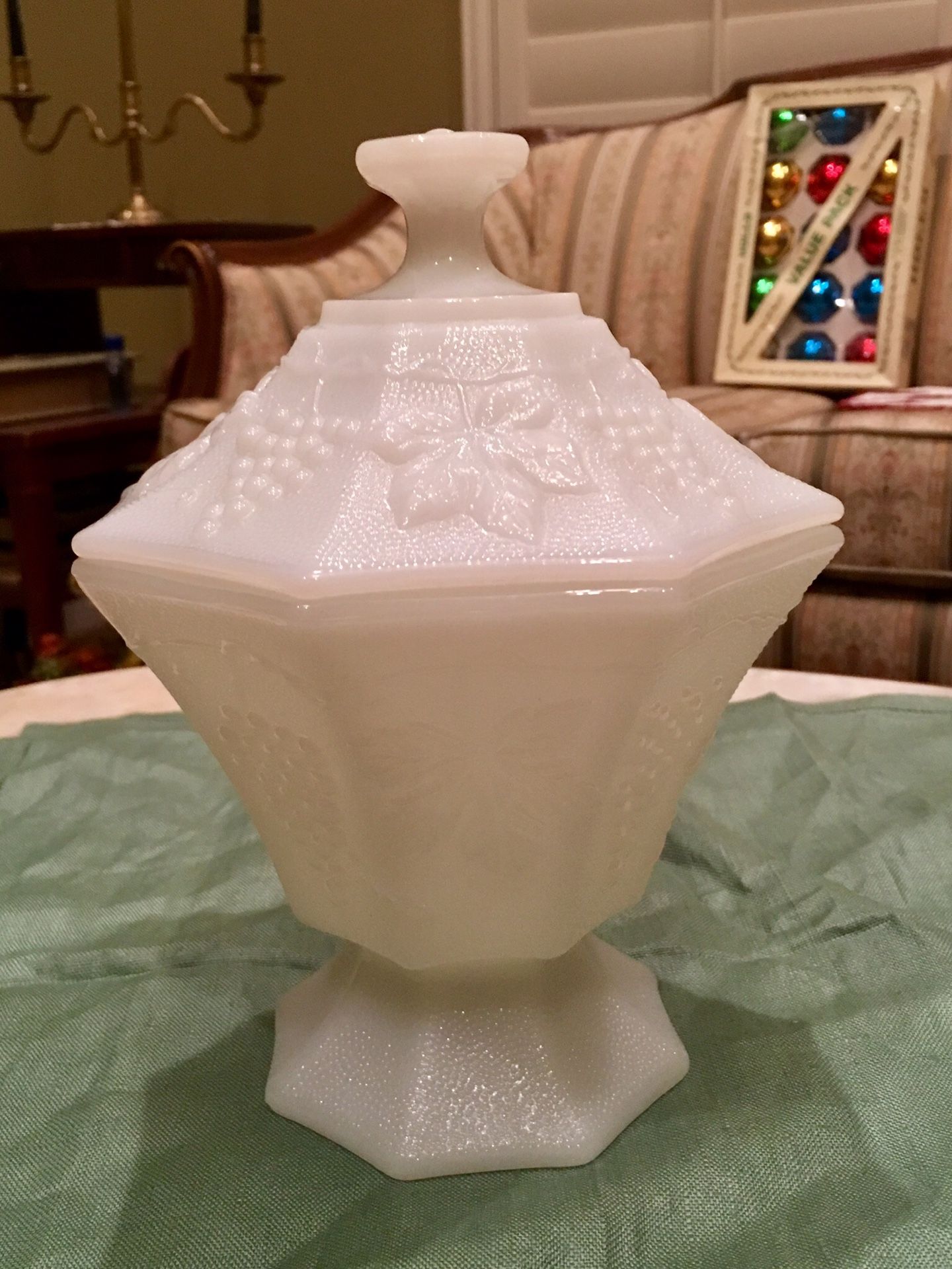 Vintage lidded milk glass candy dish