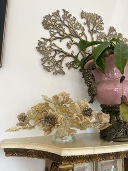 Vintage Hollywood Regency Regal Jade Stone Flower Tree Glass