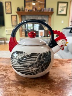 Vintage Kamenstein Rooster Chicken Enamel Tea Kettle Whistling Farmhouse Taiwan