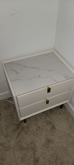 White 2-drawer nightstand with Faux Leather & Marble-Look Top