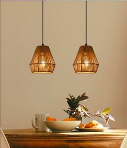 $45!! BRAND NEW – Set of 2 Boho Rattan Pendant Lights – Coastal Farmhouse Style