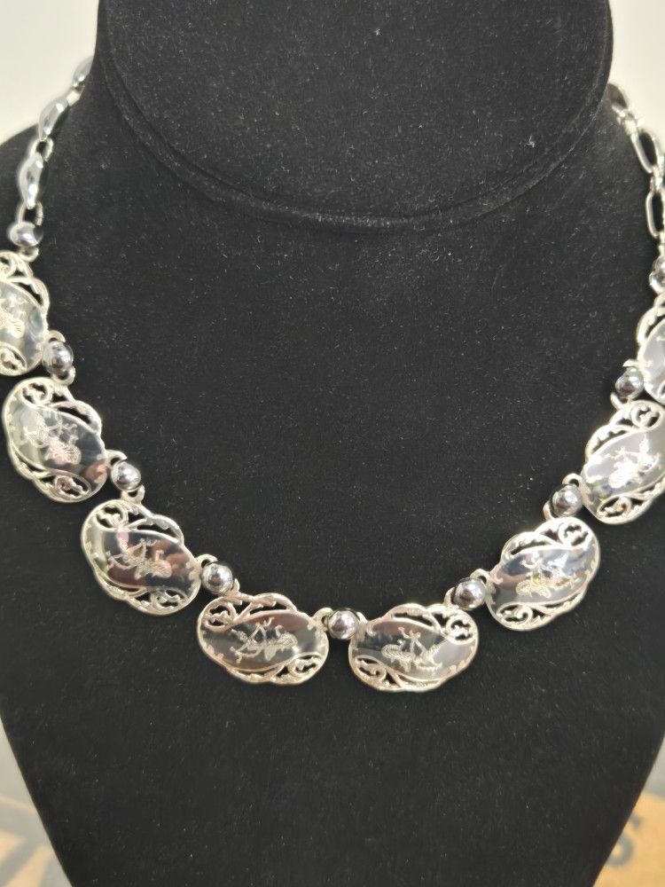 Vintage Siam Niello Silver Choker Necklace 