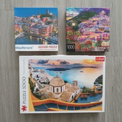 three 1000 piece puzzles, sea villages, landscape 