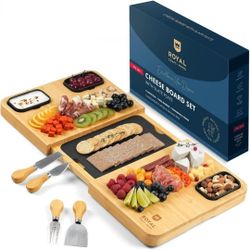 Brand New Extra Large Bamboo Charcuterie Board + 3 Sauce Bowls, 4 Knives & Slate Plate