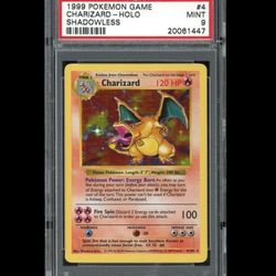 POKEMON PSA 9 MINT CHARIZARD SHADOWLESS BASE SET HOLO 1999 CARD 4/102